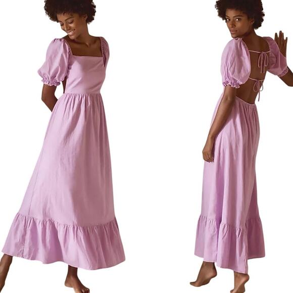 Charlie Holiday Puff Sleeve Backless Cotton/Linen Paris Maxi Dress Lilac size 4 - Picture 1 of 10
